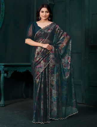 Blue saree with chinon fabric and diamond accents