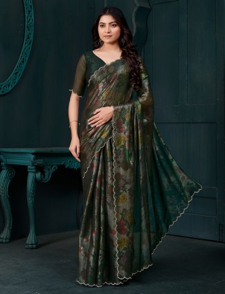 Dark green chinon saree with sparkling diamond highlights