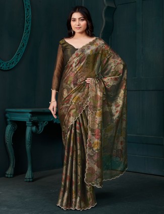 Green printed chinon saree adorned with diamond work