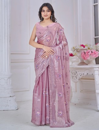 Organza light pink saree with aabla and thread work