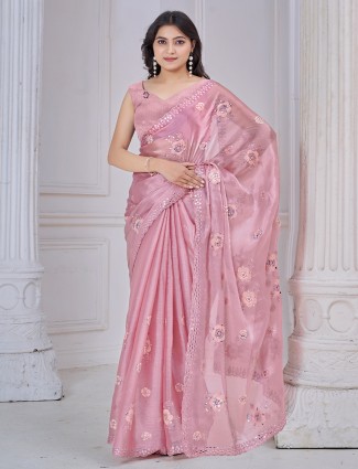 Embroidered pink organza saree with aabla sequins touch