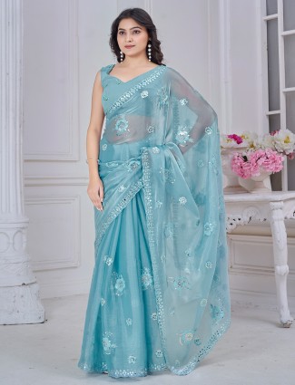Sky blue saree in organza with decorative touch
