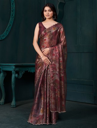 Printed wine chinon chiffon saree with diamond highlights