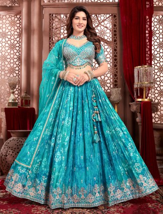 Blue printed silk lehenga choli with zari beads