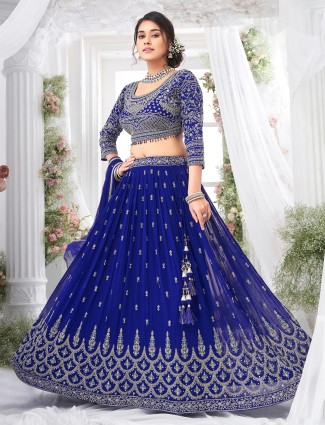 Navy blue wedding lehenga choli with stitched blouse