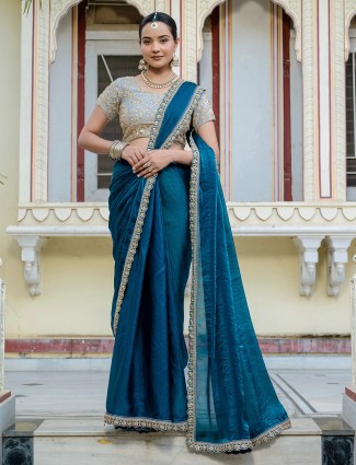 Graceful sky blue saree in satin silk fabric