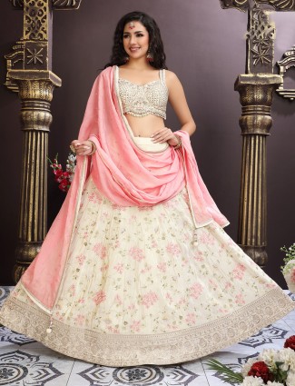 Beige georgette lehenga choli with aabla embroidery