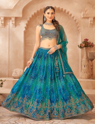 Blue printed lehenga choli with beads and zari
