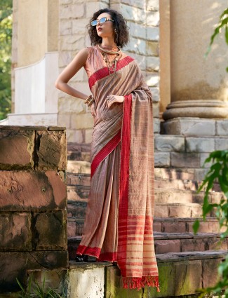 Festive brown silk saree with zari weave
