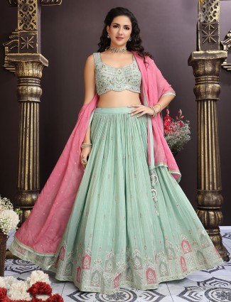 Mint green printed lehenga choli with fancy embroidery