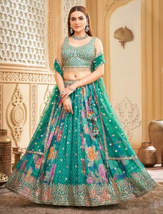 Rama green printed silk lehenga choli with zari