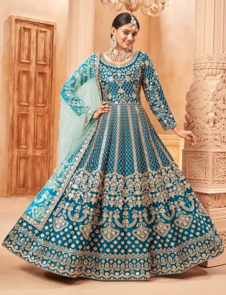 Blue festive silk anarkali suit with traditional zari work