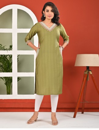 Green cotton silk embroidered kurti