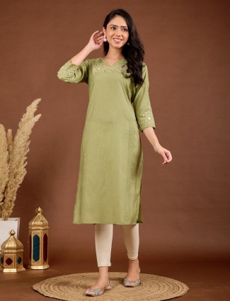 Green straight fit silk kurti for casual