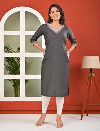 Grey cotton silk kurti with pockets