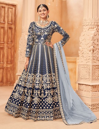 Navy blue silk anarkali suit with zari and dupatta