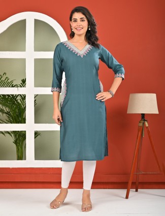Rama blue cotton silk embroidered kurti