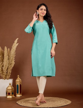 Sky blue silk kurti with elegant work