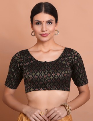 Black brocade round neck festive blouse