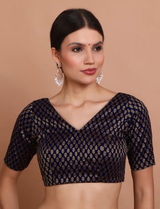 Blue brocade V neck stylish blouse