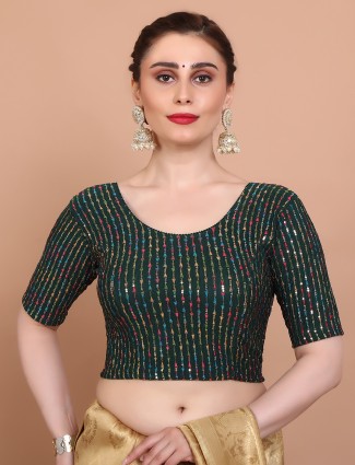 Green lycra stretchable embroidered blouse