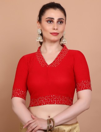 Red V neck blouse in stretchable lycra