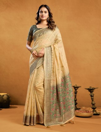 Beige semi cotton saree for women