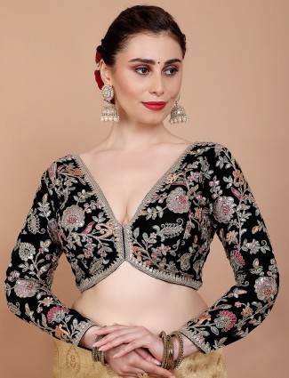 Black georgette ready made blouse with V neck and embroidery