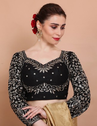 Black sweetheart neck embroidered silk ready made blouse