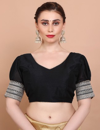 Black V neck silk blouse with sequin weaving detail