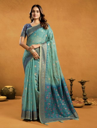 blue semi cotton saree for festive