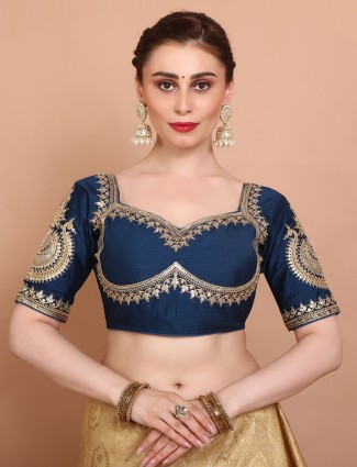 Blue silk embroidered ready made blouse