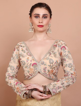 Cream georgette embroidered blouse with full sleeves