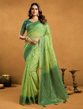 Green semi cotton saree for weddings