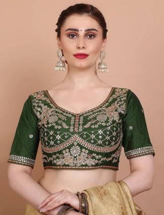 Green silk round neck embroidered ready made blouse