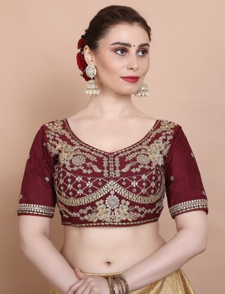Maroon silk round neck ready made blouse