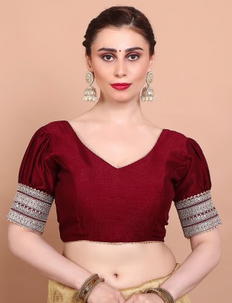 Maroon V neck ready made silk blouse, alterable style