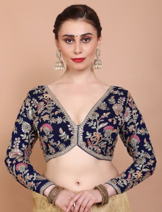 Navy blue georgette full sleeve V neck ready made blouse