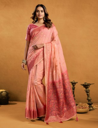 Peach semi cotton saree design with unstitched blouse
