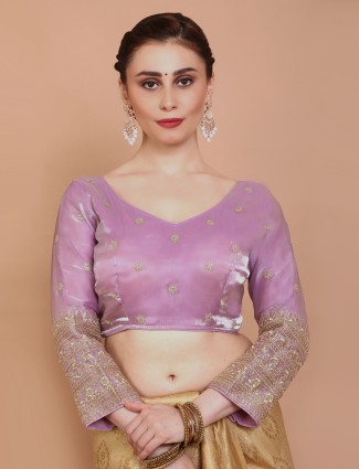 Pink organza V neck embroidered ready made blouse
