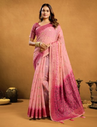 Pink semi cotton saree for special occasions