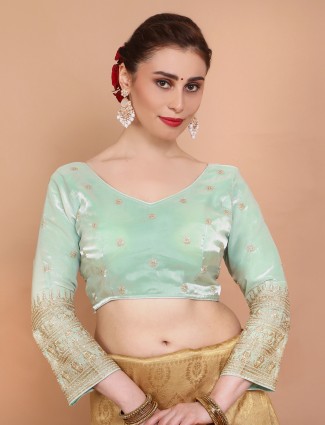 Pista green organza festive ready made blouse with V neck