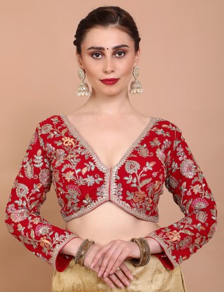Red georgette ready made blouse with embroidery