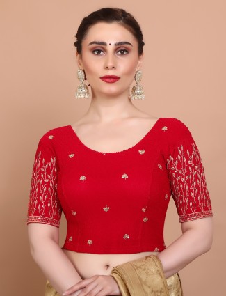 Red stretchable lycra blouse with embroidered finish