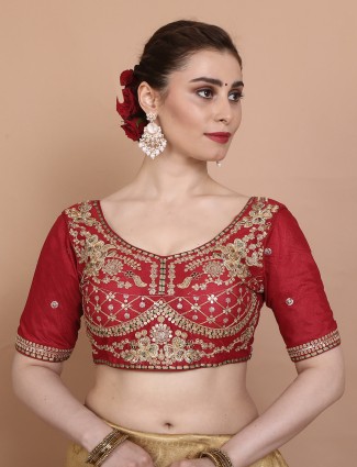 Red silk round neck ready made blouse for traditional wear