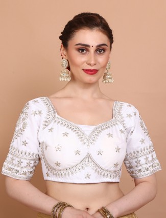 White silk embroidered sweetheart neck ready made blouse