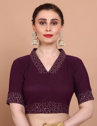 Wine V neck lycra blouse with comfortable fit