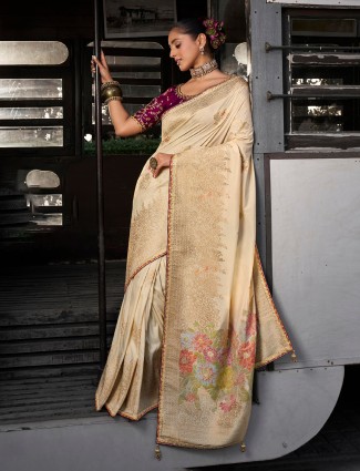 Graceful purple cozi silk saree with artistic prints and thread embroidery