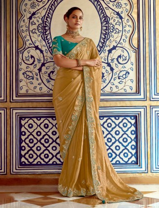 Beige soft tissue silk saree with resham work