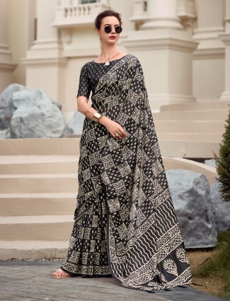 Black printed malmal silk saree